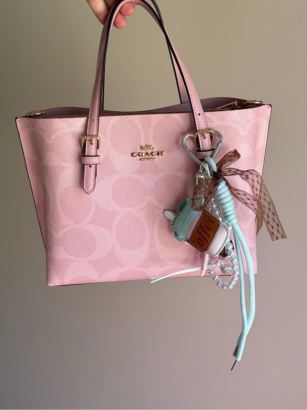 Mint and Brown Coffee Charm Keychain Cluster with Pearls Bag Charm